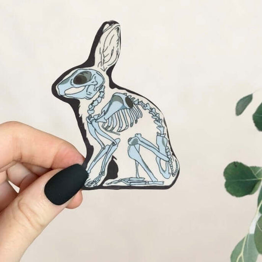 Rabbit skeleton, edgy anatomy vinyl sticker small grey and brown rabbit sticker.