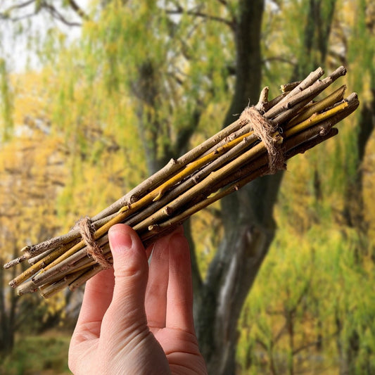 Willow sticks bundled chew toy for small animals. Safe edible chew toys for rabbits, guinea pigs, hamsters, chinchillas, rats and mice.