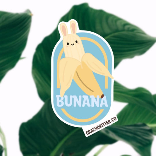 A Bun-Nana fruit sticker! A yellow half peeled banana with rabbit ears and a kawii face. Sticker has a blue background and Bunana written along the bottom. Designed to resemble the fruit stickers that come on grocery store bananas. 