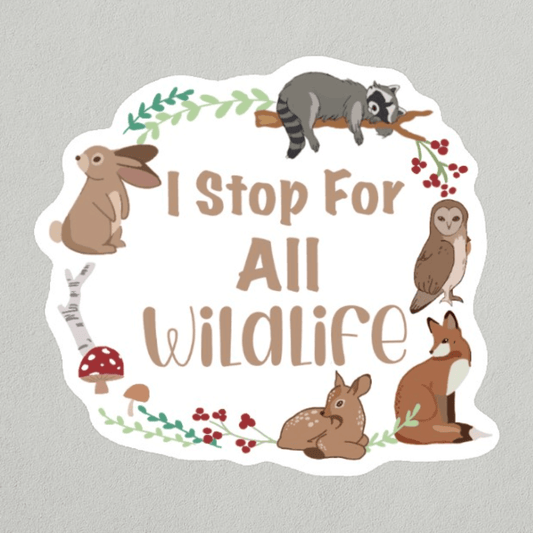 I stop for all wildlife sticker for roadkill awareness.  Circular sticker with a red fox, small deer, rabbit, owl, and a racoon. Done in a cartoon but elegant style. White background with some mushrooms, leaves and wooden logs surrounding the animals.