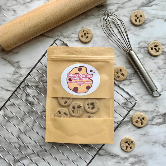 Crazy Critter Club oatmeal choc chip cookie treats for rabbits, hamsters, chinchillas, rats and mice.