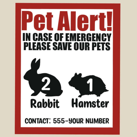 Custom emergency alert fire door sticker for pets. Custom for all pets; including cats, dogs, rabbits, guinea pigs, hamsters, reptiles and other exotic animals.